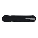 A metal pen resting on a black velvet pen holder. The pen features a sleek design, perfect for promotional use.