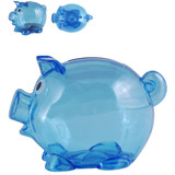 A blue pig-shaped coin bank in two sizes, with a round, transparent design and cartoonish features.