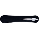 A sleek silver metal pen resting on a black velvet case, featuring a smooth design.