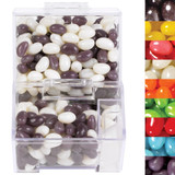 A dispenser filled with purple and white mini jelly beans in various colors, featuring a clear branding logo.