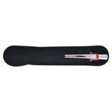 A plastic pen in a black felt case, featuring silver and red accents, with a logo on the pen.