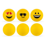 A set of six yellow stress balls featuring various emoji faces, including hearts, sunglasses, and smiling expressions.