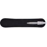 A silver metal pen rests on a black velvet surface, showcasing its sleek design. The image includes a logo.