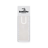 A transparent bookmark magnifier ruler with a white design and a branding logo at the top.
