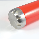 A drink bottle designed with a bold red body and a metallic base, resembling a soda bottle.