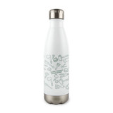 A drink bottle in white with a metallic silver lid, featuring a graphic design of construction tools.