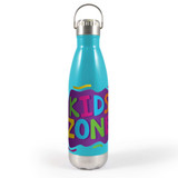 A drink bottle with a turquoise body, silver bottom, and a hanger lid featuring colorful "KIDS ZONE" graphics.