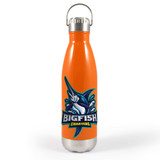 A drink bottle with a silver lid and an orange body featuring a large fish logo.