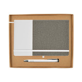 A notebook with a gray fabric cover and a pen, packaged in a cardboard gift box.