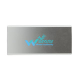 A power bank featuring a sleek silver design with the logo of the Bayside Water Authority printed in blue.