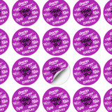 A sheet of circular stickers featuring a purple background with various thank you messages in multiple languages.