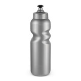 A drink bottle featuring a sleek silver design with a wave pattern and a black nozzle for easy sipping.