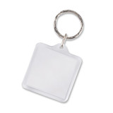 A square key ring with a clear placeholder for customization and a metal ring attachment.