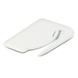 A white letter opener and satchel cutter with a sleek design and a curved blade for cutting envelopes.