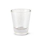 A clear glass shot glass with a slightly thicker base for stability.
