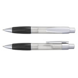 A plastic pen set in black and transparent with silver accents and a branding logo.