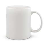 A coffee mug in a plain white design, featuring a smooth surface and a comfortable handle.
