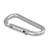 A silver carabiner with a metal clasp, designed for securing items together.