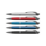 A set of five metal pens in silver, red, blue, and black, featuring a textured design and a logo.