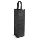 A wine tote bag in sleek black, designed to hold a single bottle with a sturdy handle.
