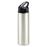 A drink bottle with a stainless steel body and a black flip cap. It features a handle and a logo.