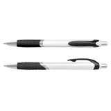 A plastic pen with a coloured barrel featuring a silver and black design and a textured grip. It includes a branding logo.