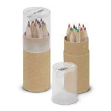 A set of coloured pencils in a clear tube and a cardboard holder, with various vibrant pencil tips visible.