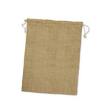 A large jute gift bag with a drawstring closure, featuring a natural burlap texture.