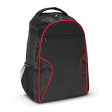 A black laptop backpack with red accents and a mesh side pocket. Features a main zip compartment and a logo.