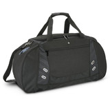 A sleek black sports bag with dual handles and a removable shoulder strap, featuring side pockets for extra storage.