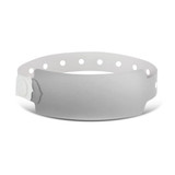 A grey plastic event wristband with a smooth surface and circular cut-outs for adjustment, featuring a logo.