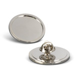 A round large lapel pin in silver, featuring a smooth surface and a fastening mechanism on the back.