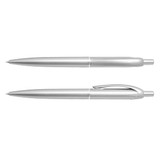 A silver plastic pen set featuring a streamlined design and a clip on one of the pens, with a logo present.