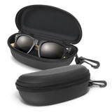 A black zippered case opens to reveal bamboo-framed sunglasses inside, showcasing dark lenses.
