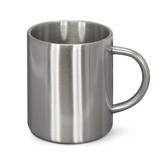 A stainless steel coffee mug with a sleek, brushed finish and a simple handle.