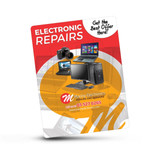 A magnet featuring imagery of electronics, including a camera and computers, with a colourful background and branding.