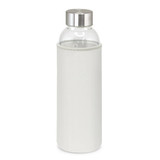 A drink bottle with a stainless steel lid and a light grey neoprene sleeve for insulation. It features a logo.