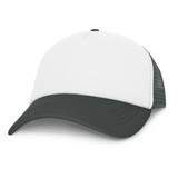 A trucker cap featuring a white front and a dark green visor and mesh back.