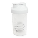 A drink bottle featuring a clear body with a white lid and an interior whisk ball. It has a logo on the side.