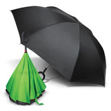 An inverted umbrella with a green inner layer and black outer layer, featuring a curved handle and a logo.