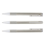 A metal pen in brushed steel with a sleek design, featuring a clip and ridged grip. Includes branding on the barrel.
