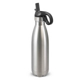 A drink bottle with a sleek stainless steel design and a black flip lid, featuring a handle and a logo.