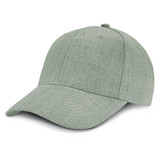 A green cap with a curved brim and a structured crown, featuring six panels and a rounded top.