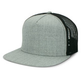 A grey flat peak trucker cap with mesh detailing at the back and a round top button.