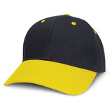 A cap featuring a black body and a vibrant yellow visor, designed for casual wear.