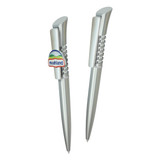 A silver plastic pen with a unique design and an attached logo. Ideal for promotional use.