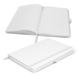 A white notebook with lined pages, featuring a ribbon marker and a cover with an embossed logo.