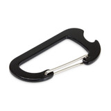 A black carabiner bottle opener with a silver hinge, featuring a curved design and sturdy construction.