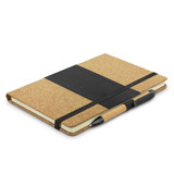 A cork notebook with a black elastic strap, paired with a black pen, featuring a logo.