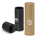 A drink bottle gift tube in black and natural kraft, featuring a logo, with an open and closed tube.